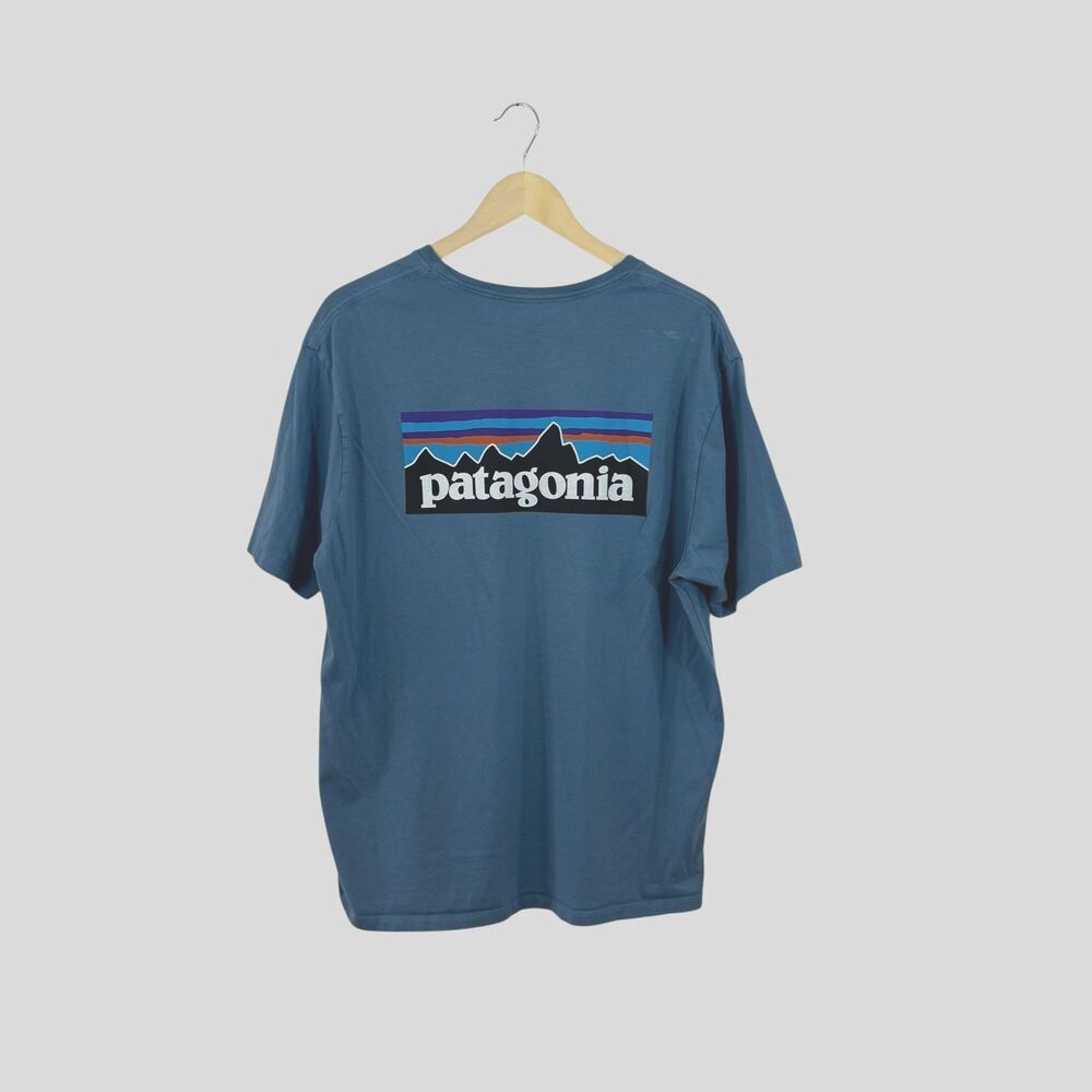 Patagonia Large Logo Tee Shirt Blue Short Sleeve Organic Cotton Mens